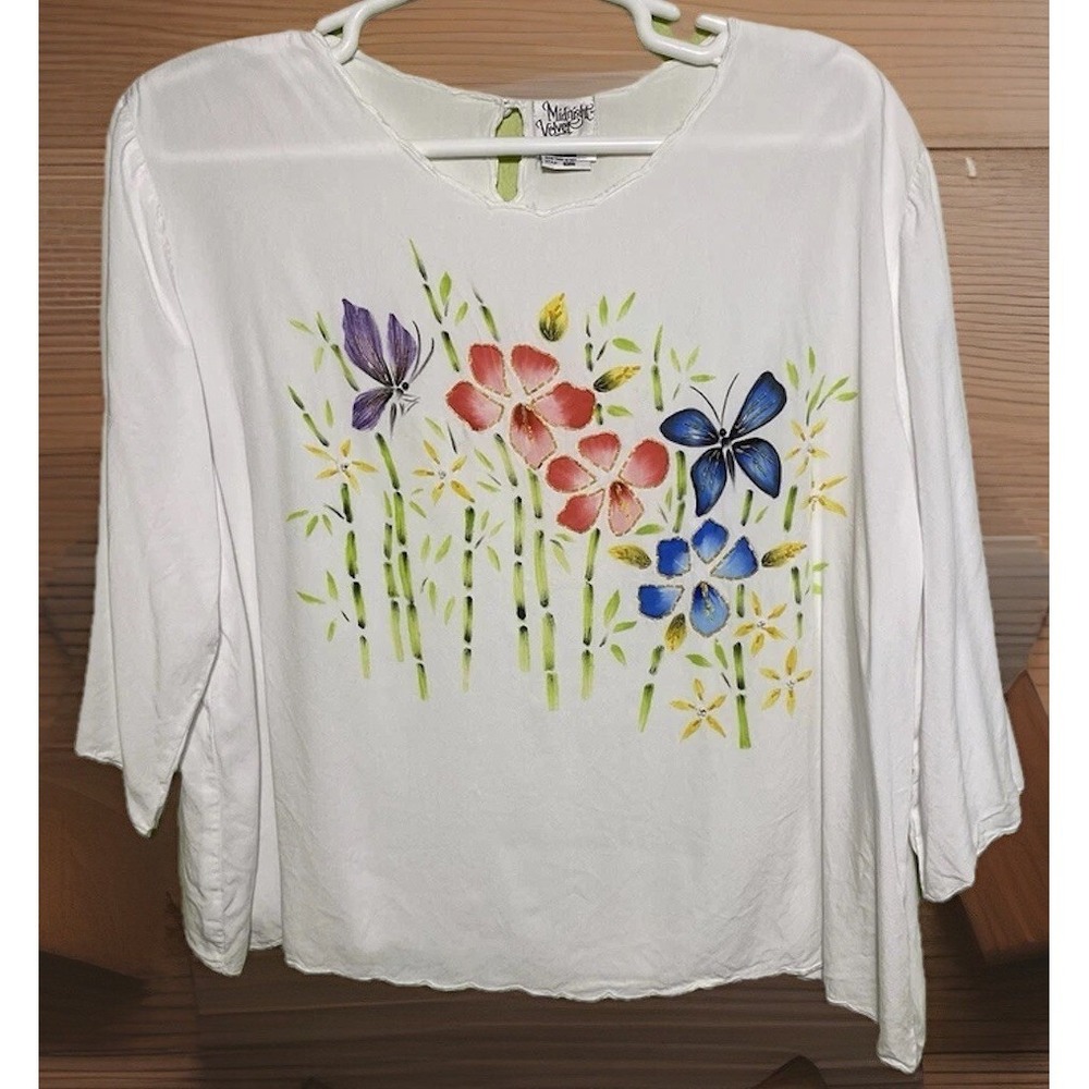 Midnight Velvet White Hand Painted Beaded Floral Butterfly Rayon Blouse 2X